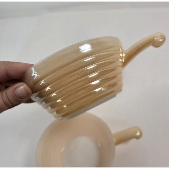 Vintage Fire King Peach Luster Set Of 3 Ovenware Beehive Soup Bowls With Handles - Picture 7 of 10